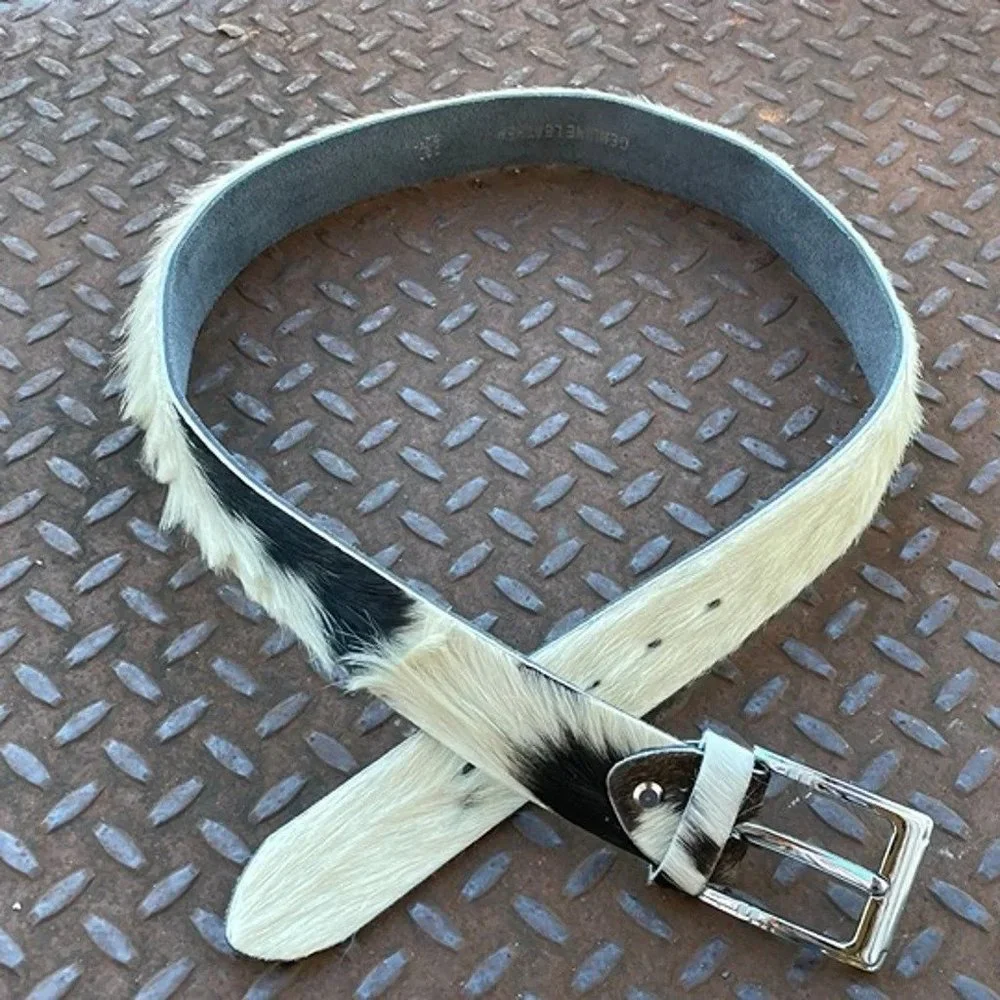 Real Fur Belt WhiteBlack Tone Genuine Leather Waistband Handmade Belt Size 38 - Picture 5 of 7